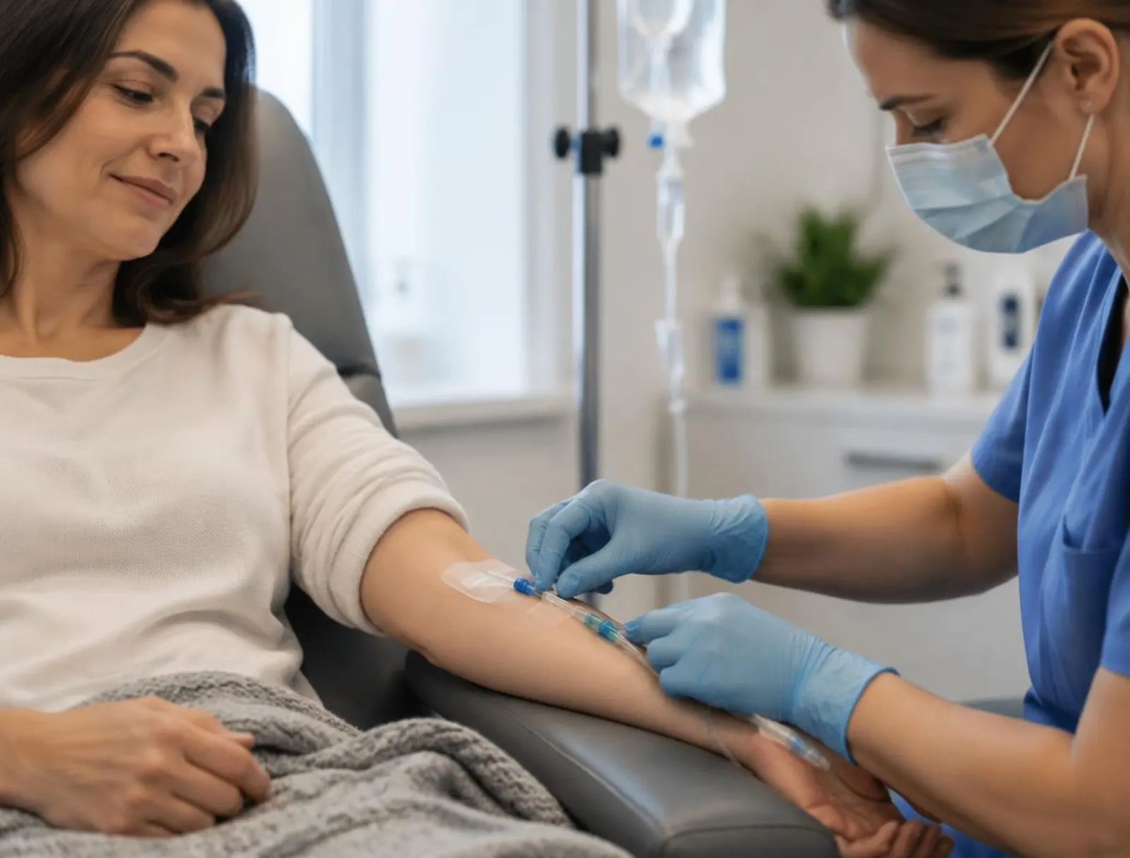 Profesional de salud con guantes ajustando una vía intravenosa en el brazo de una paciente sentada en un sillón clínico